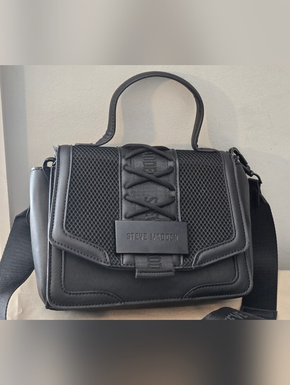 Steve Madden BDALI Black Mesh Faux Leather Satchel Crossbody Bag Logo Strap